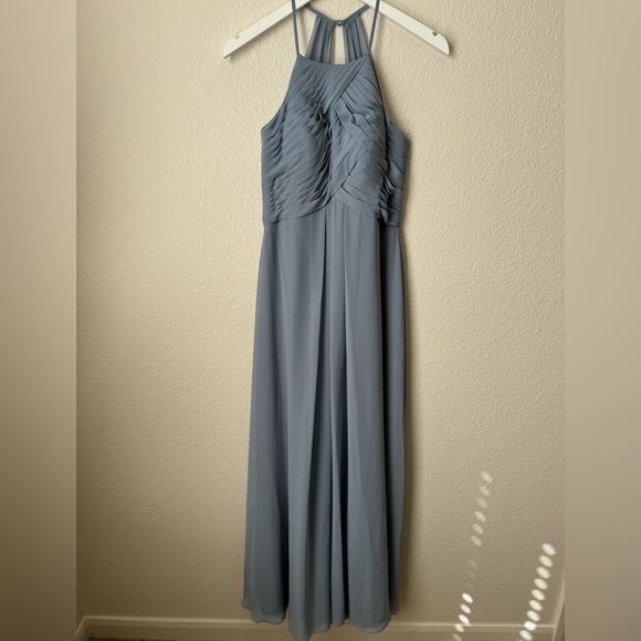 NWOT Azazie Ginger Dusty Blue A-Line Halter Pleated Chiffon Dress Size A2 - Picture 6 of 9